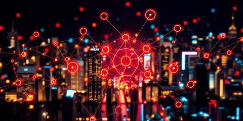 Abstract glowing red network connections overlaying a blurred cityscape at night suggesting data flow