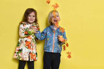 Two cute little 3-year-old children in autumn jackets posing on a yellow background