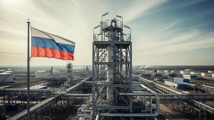 Industrial Oil Refinery Plant with Russian Flag Waving Near Pipeline Structures - Powered by Adobe