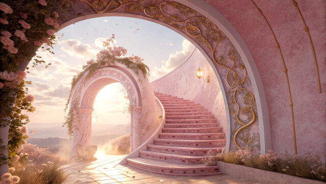 Mystical pink archway with winding stairs in dreamy pastel landscape