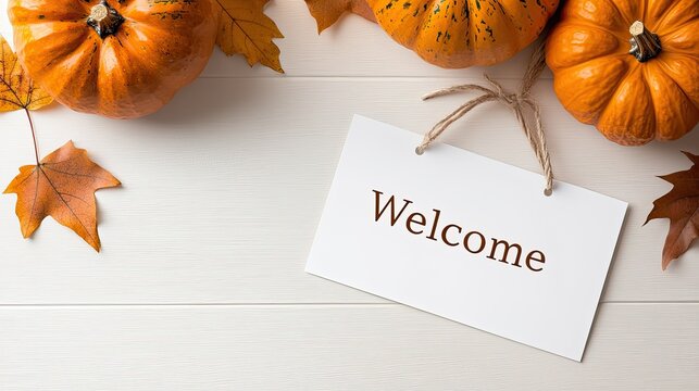 A warm wooden welcome sign is surrounded by vibrant pumpkins and autumn leaves, creating an inviting atmosphere perfect for greeting guests during the fall season