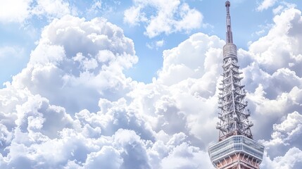 A towering structure with a dynamic cloudscape, creating a visually striking advertising background.