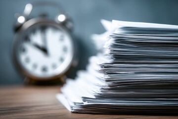 Stack of papers and clock, time management