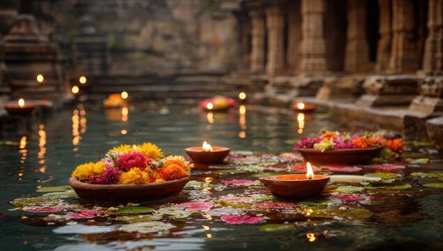 Ancient temple pool, floating flowers and candles
