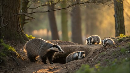 Badgers outside Burrow in Forest