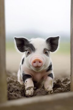 Adorable Piglet Frolicking in Mud, Charming Mini Black and White Spotted Pig at a Beautiful Farm
