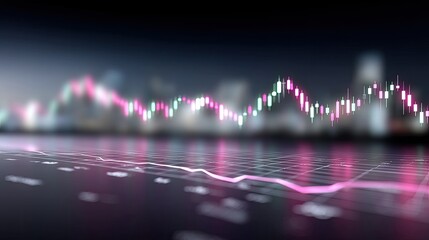 Financial Chart with Pink and Green Candlesticks Overlaid on Blurred Cityscape at Night Reflective Surface