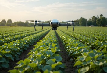 Drone flying over agriculture field for smart farming and crop management