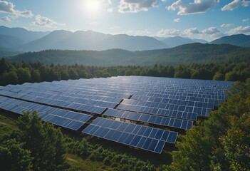 Massive solar panel farm in mountain landscape for sustainable energy generation