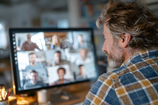 Business man having virtual team meeting on video conference call using computer. Social distance worker working from home office talking to diverse colleagues in remote videoconference online chat.