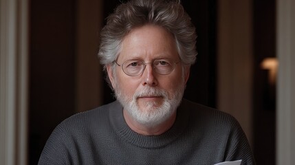 A senior man with a white beard sits by a window, intently reading a paper document in bright daylight, dressed in a gray sweater, focused on the task at hand