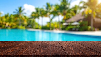 Fototapeta premium Wooden tabletop over a tropical pool