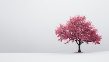 Fototapeta premium Solitary pink tree in a snowy landscape