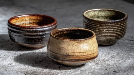 Overhead shot of three handcrafted ceramic tea bowls on a natural stone slab during minimalist tea ceremony with neutral tones and textured surfaces