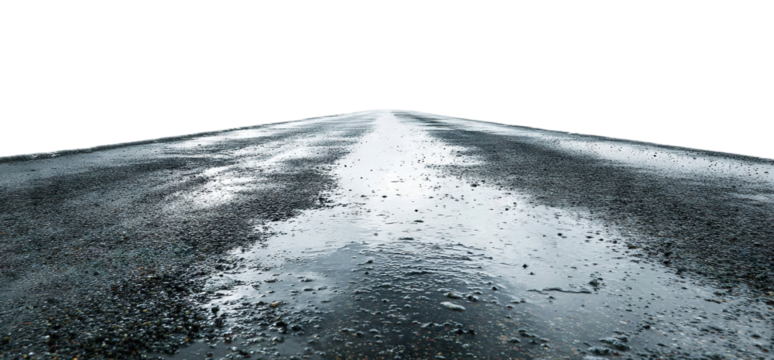 Wet asphalt road leading to horizon, isolated on transparent cutout background