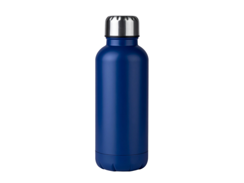 Blue metal reusable water bottle standing upright on white background, ideal for hydration, travel, gym, or outdoor activities.