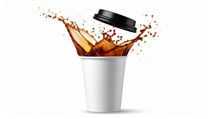 coffee cup with splash isolated on white. Coffee in paper Cup splashing. 