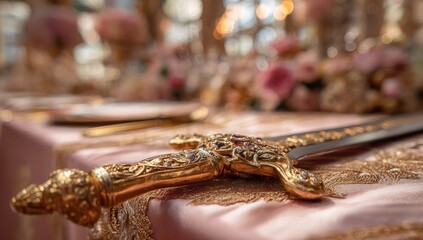 Obraz premium Ornate gold sword on a lavish pink table setting