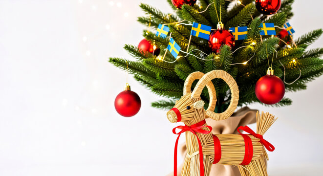 Straw Goat standing under Christmas Tree Decorated With Swedish Flags Garland	