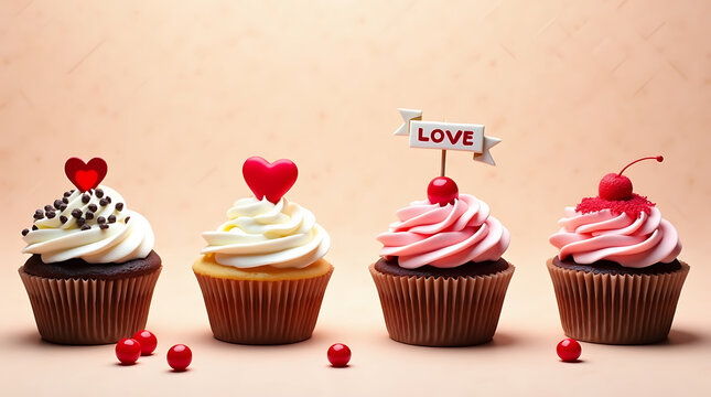 Four Valentine's Day themed cupcakes with white and pink frosting and heart decorations valentines day - Powered by Adobe