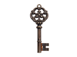 Antique rusty skeleton key isolated, detailed closeup on white background, showcasing ornate vintage metalwork and historical craftsmanship with visible rust and patina.