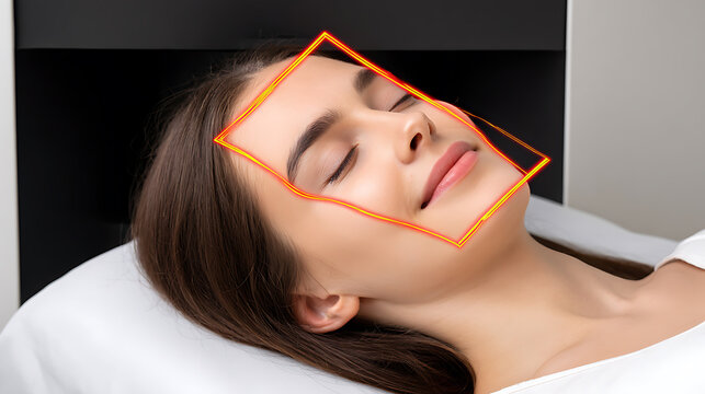 Woman receiving facial analysis with digital overlay highlighting facial contours - Powered by Adobe