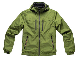 Naklejka premium Green waterproof outdoor zip jacket with hood, four zippered pockets, elastic cuffs, and lightweight material, ideal for hiking, camping, and cool weather.