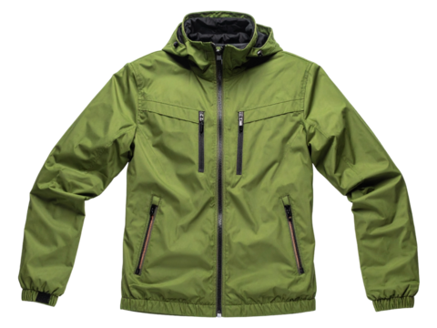 Green waterproof outdoor zip jacket with hood, four zippered pockets, elastic cuffs, and lightweight material, ideal for hiking, camping, and cool weather.