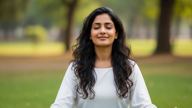 Young indian woman doing meditation at park 