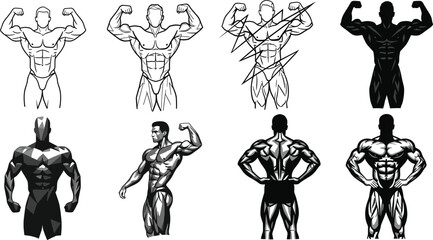Bodybuilder flexing poses, muscular male physique, fitness athlete silhouettes, strong bodybuilding man artwork, gym strength training, vector illustration