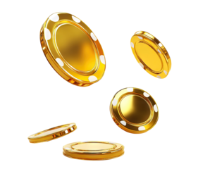 Set of golden casino chips floating in air, isolated on transparent cutout background