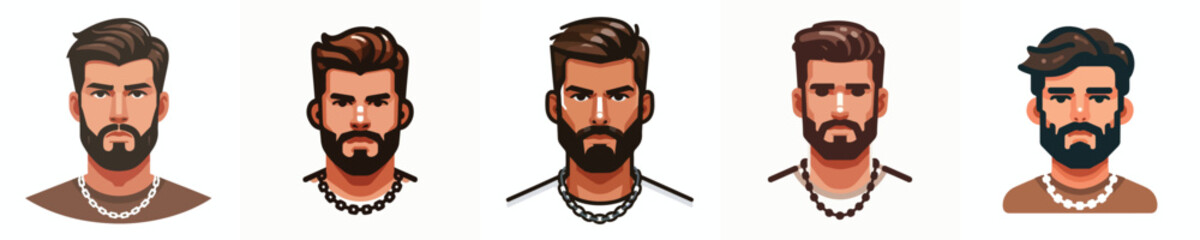 Avatar of a man's face with a thick beard wearing a chain necklace, tanned skin, serious expression