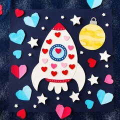 Valentines Day Rocket Ship with Hearts in Space Art