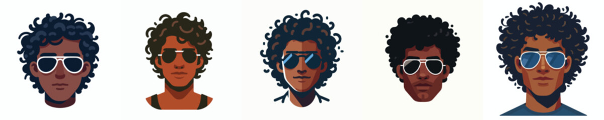 Avatar face of a curly haired man wearing aviator glasses, dark skin, relaxed expression