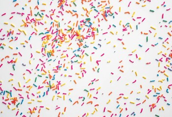 Vibrant sprinkles scattered on pure white, overhead shot,  dessert topping,  sweet decoration