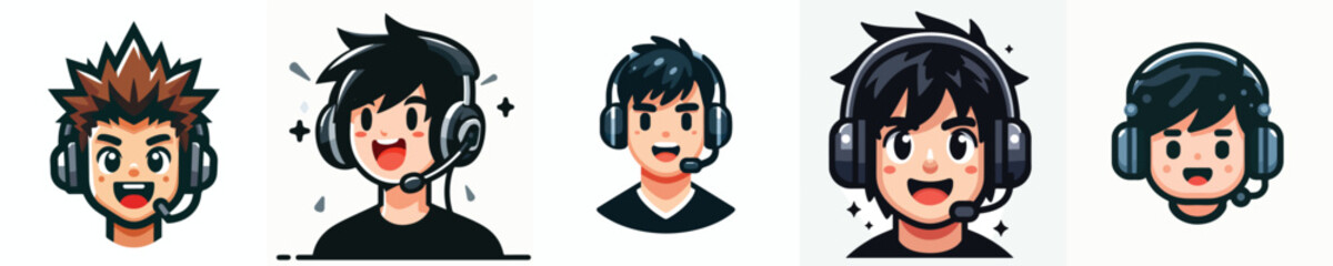 Male face avatar wearing gaming headset, medium skin, enthusiastic expression