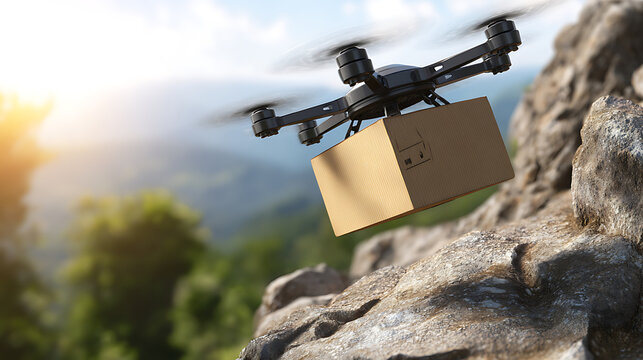 Drone carrying a package flies over rocky terrain in a mountainous landscape - Powered by Adobe