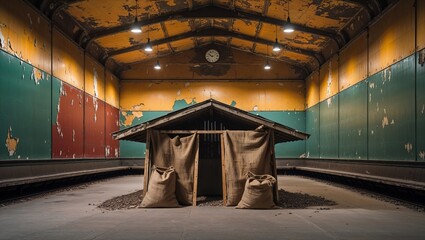 Decayed station hut, burlap sacks hint at past industry, ruin, desolation in urban space