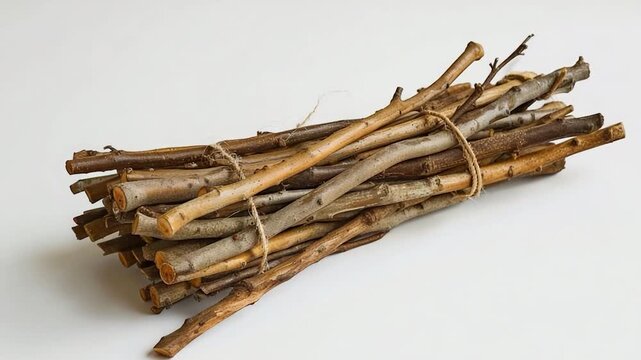 A collection of twigs bound together on a clean, white surface