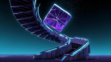 Futuristic spiral stairs leading to a glowing cube in a dark starry night - Powered by Adobe