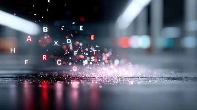 Floating Alphabet Letters with Reflective Surface in Abstract Composition and Bokeh Lights