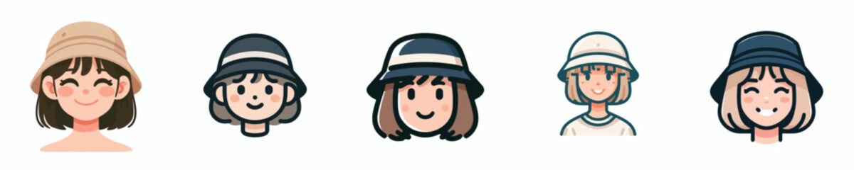 Avatar face of short haired woman wearing bucket hat, light skin, happy expression