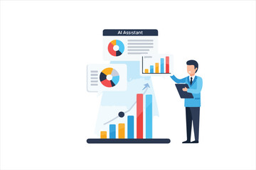 Fototapeta premium Businessman interacts with AI assistant displaying data visualizations, including graphs and charts.