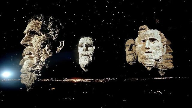 Digital faces of men formed by voxels rotate and shift, simulating a low fidelity virtual reality or abstract data representation footage.