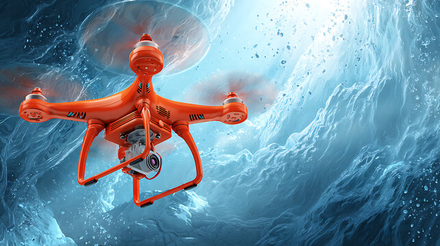 Orange underwater drone with camera navigating through turbulent blue water currents