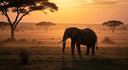 Naklejka premium African elephant at golden sunset. Silhouette against warm hues