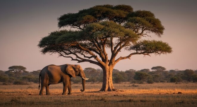 African elephant under acacia tree at dawn