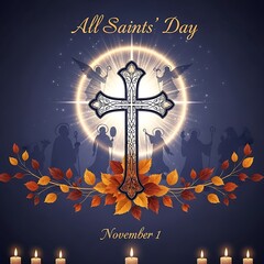Elegant All Saints' Day Commemoration with Decorative Cross, Heavenly Figures, Autumnal Foliage, and Glowing Candles in a Serene Night Setting