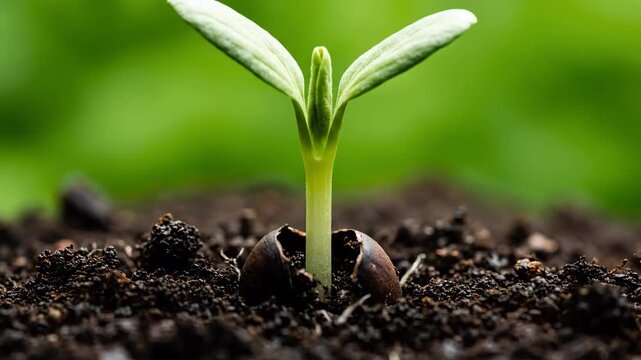 Botanical timelapse shows a small plant sprout rapidly from seed, illustrating life and growth horticulture, growth, plant