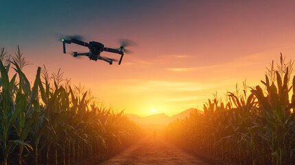 Drone flying over a cornfield at sunset with a dirt path leading into the distance